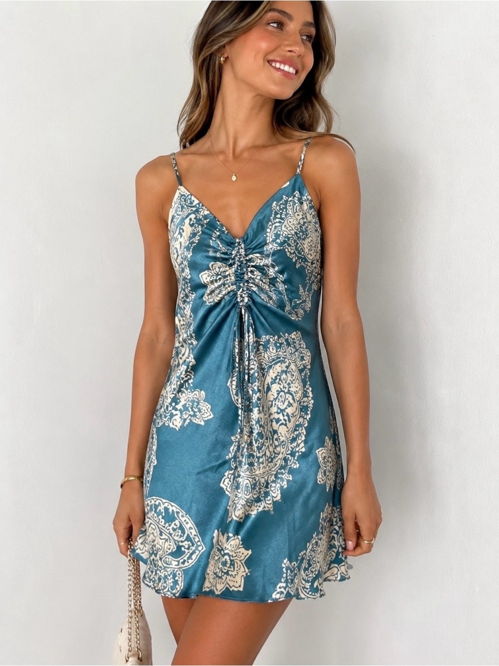 Zara Teal Blue Paisley Mini Dress with Cream Accents